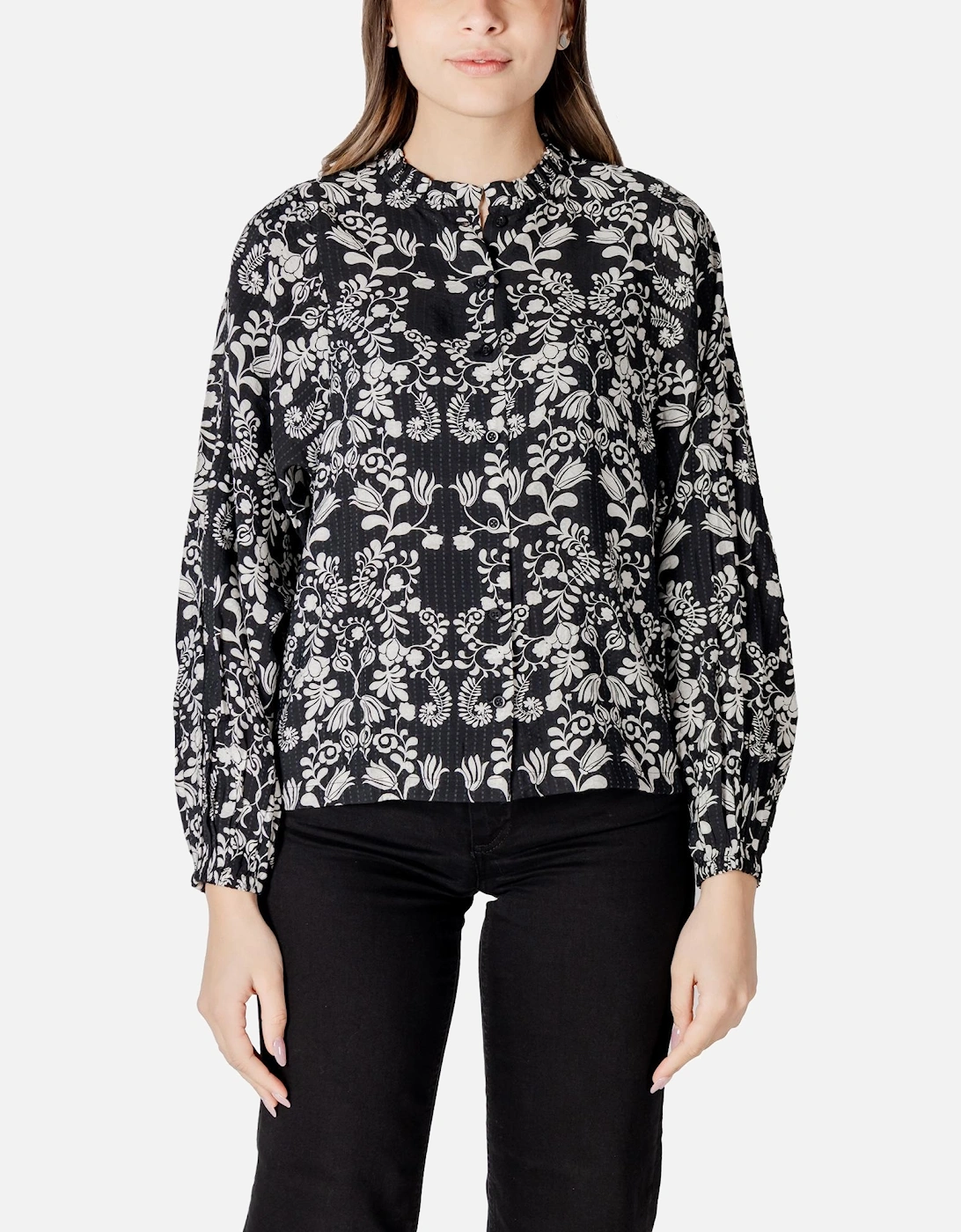 Print Button-Up Long Sleeve Blouse Women - Black, 4 of 3