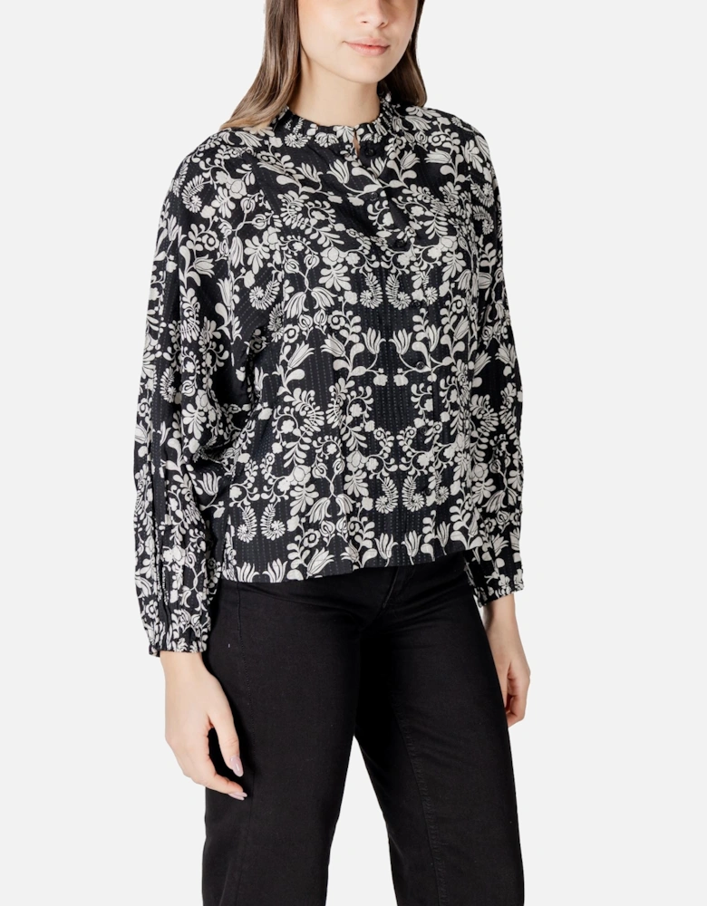 Print Button-Up Long Sleeve Blouse Women - Black