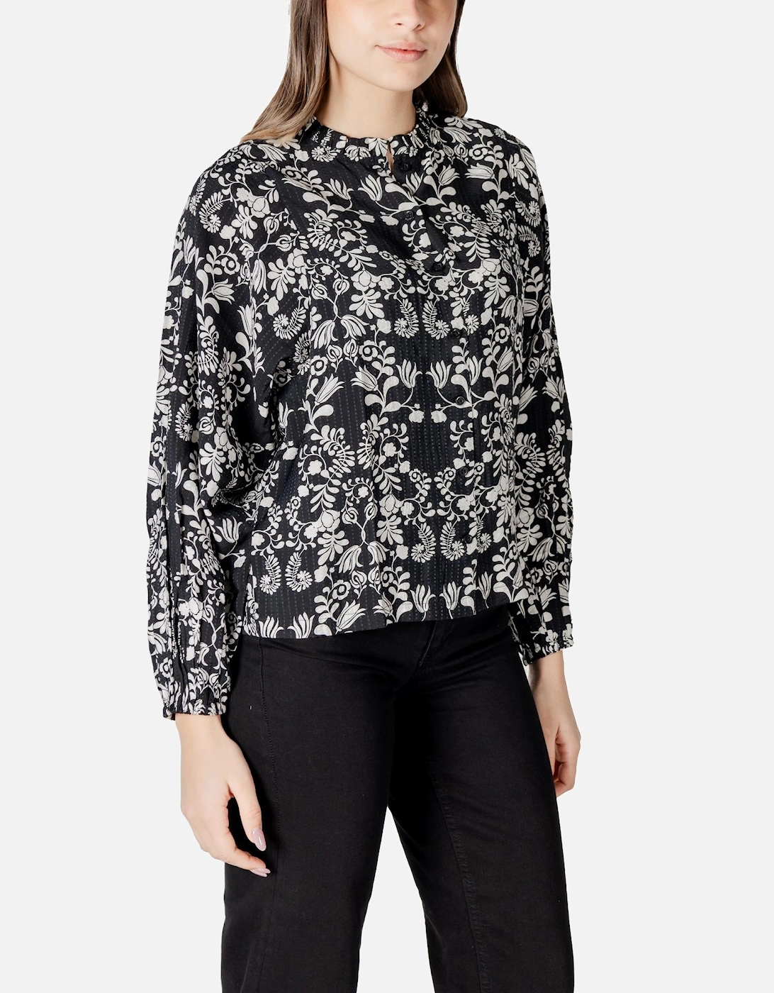 Print Button-Up Long Sleeve Blouse Women - Black