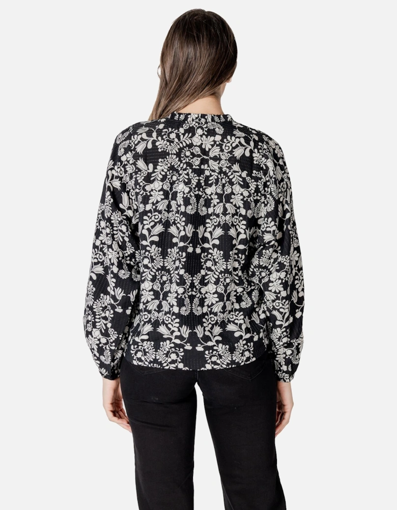 Print Button-Up Long Sleeve Blouse Women - Black