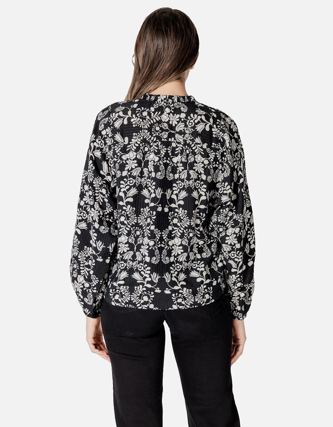 Print Button-Up Long Sleeve Blouse Women - Black