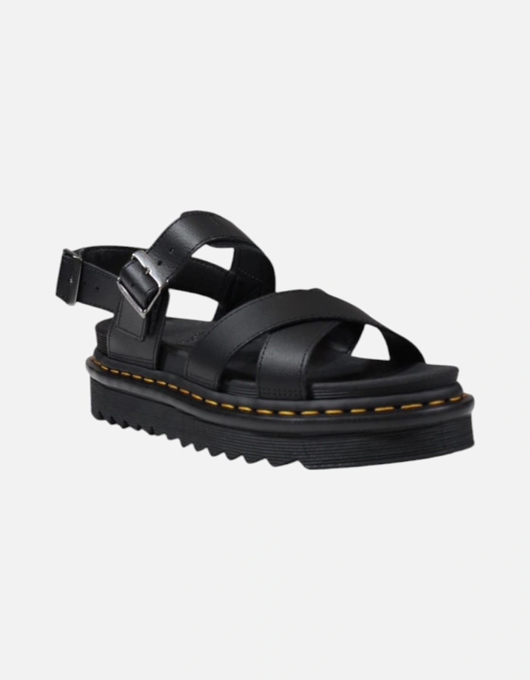 Buckle Strap Leather Sandals with Rubber Sole Women - Black