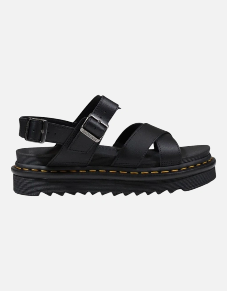 Buckle Strap Leather Sandals with Rubber Sole Women - Black