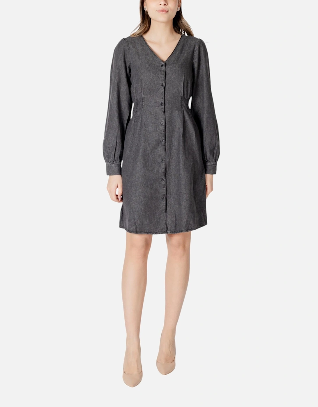 V-Neck Marl Button-Up Long Sleeve Dress Women - Black Dresses, 4 of 3