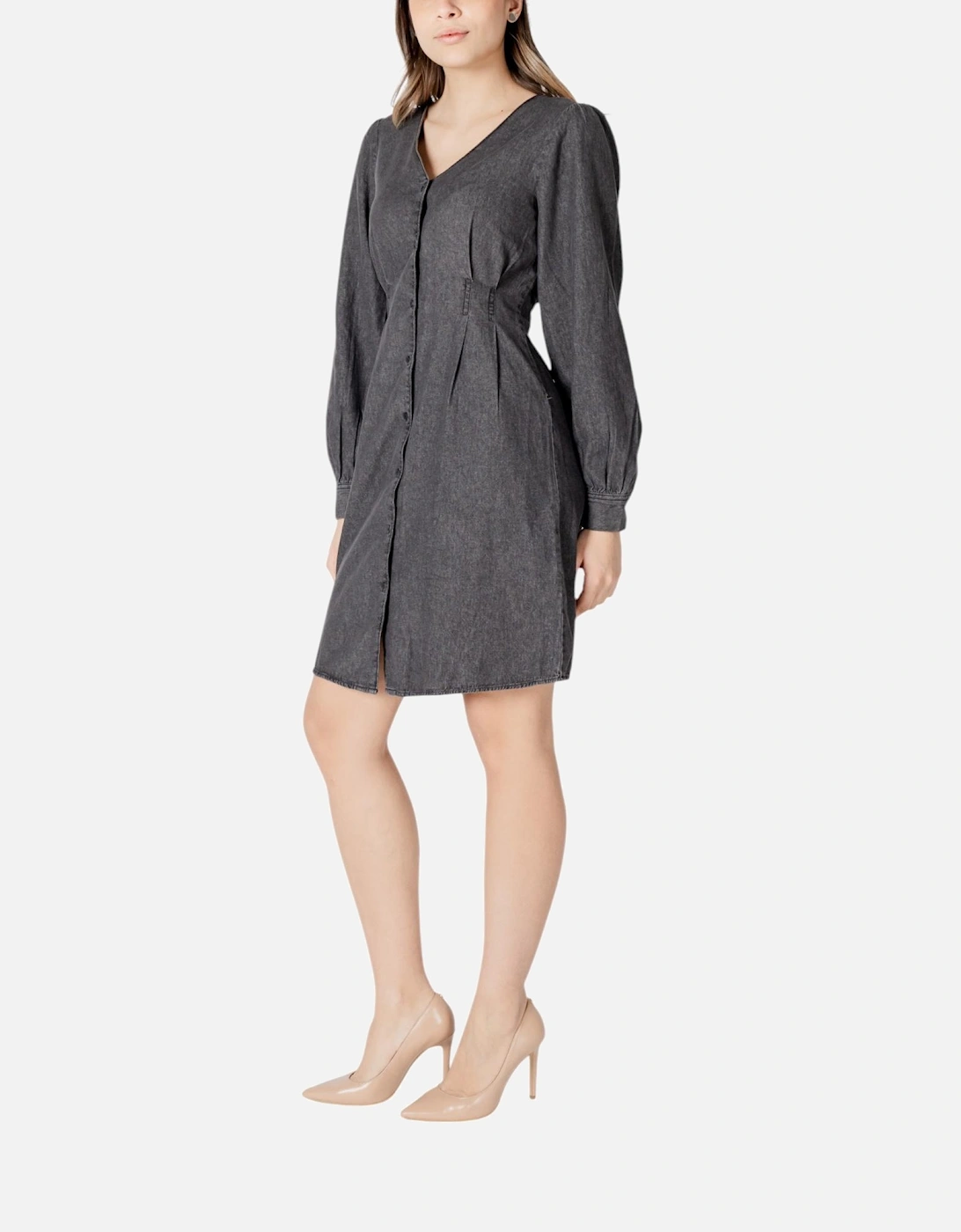 V-Neck Marl Button-Up Long Sleeve Dress Women - Black Dresses