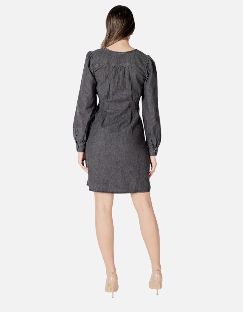 V-Neck Marl Button-Up Long Sleeve Dress Women - Black Dresses