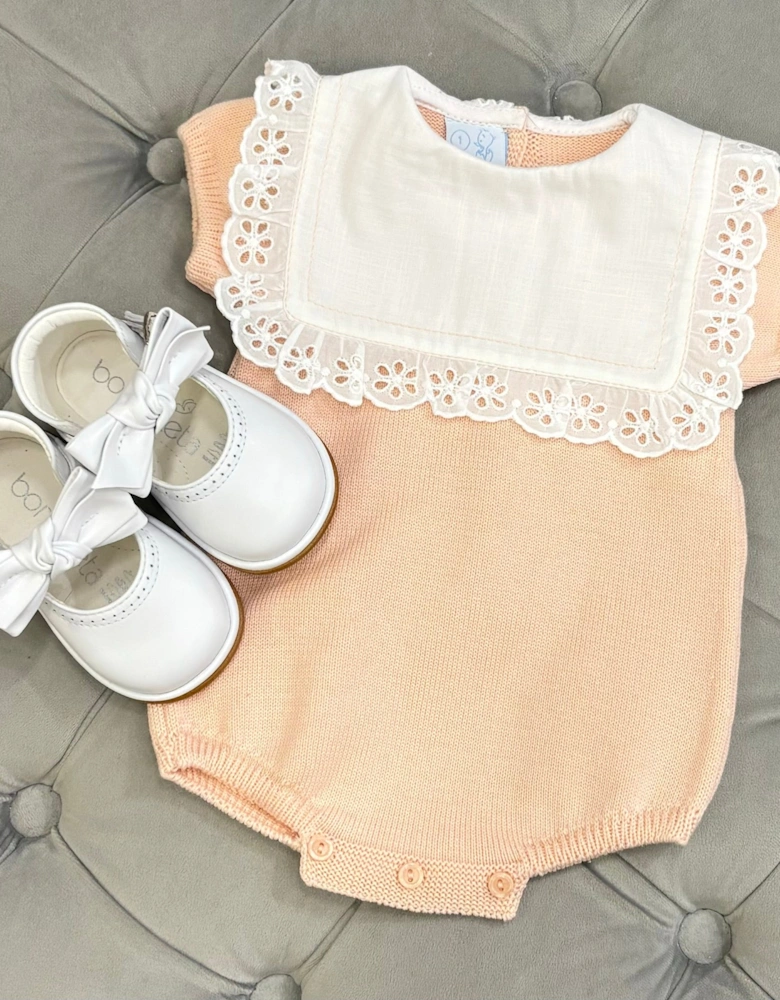 Girls Peach Knit Collared Romper