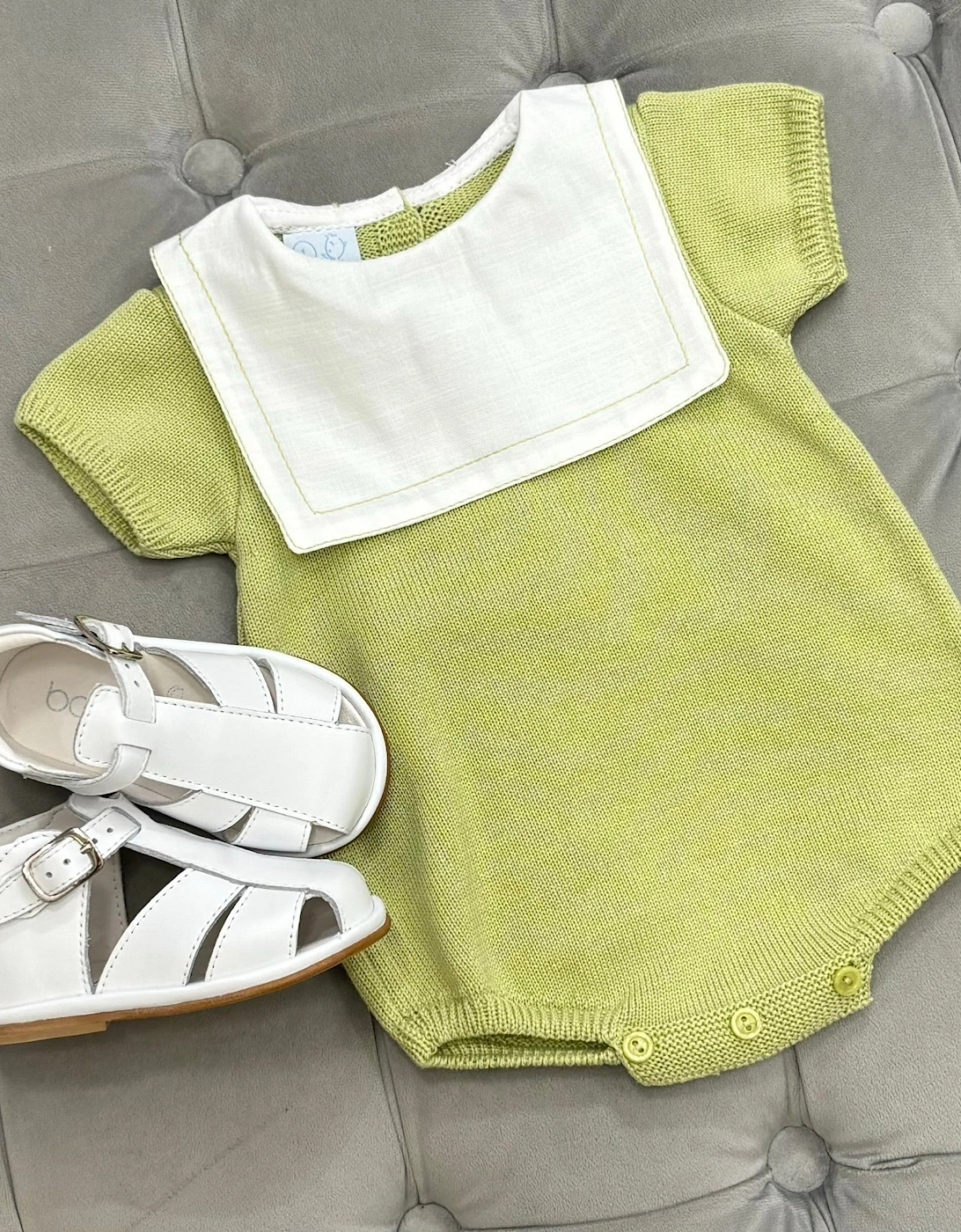 Boys Pistachio Green Knit Collared Romper, 2 of 1