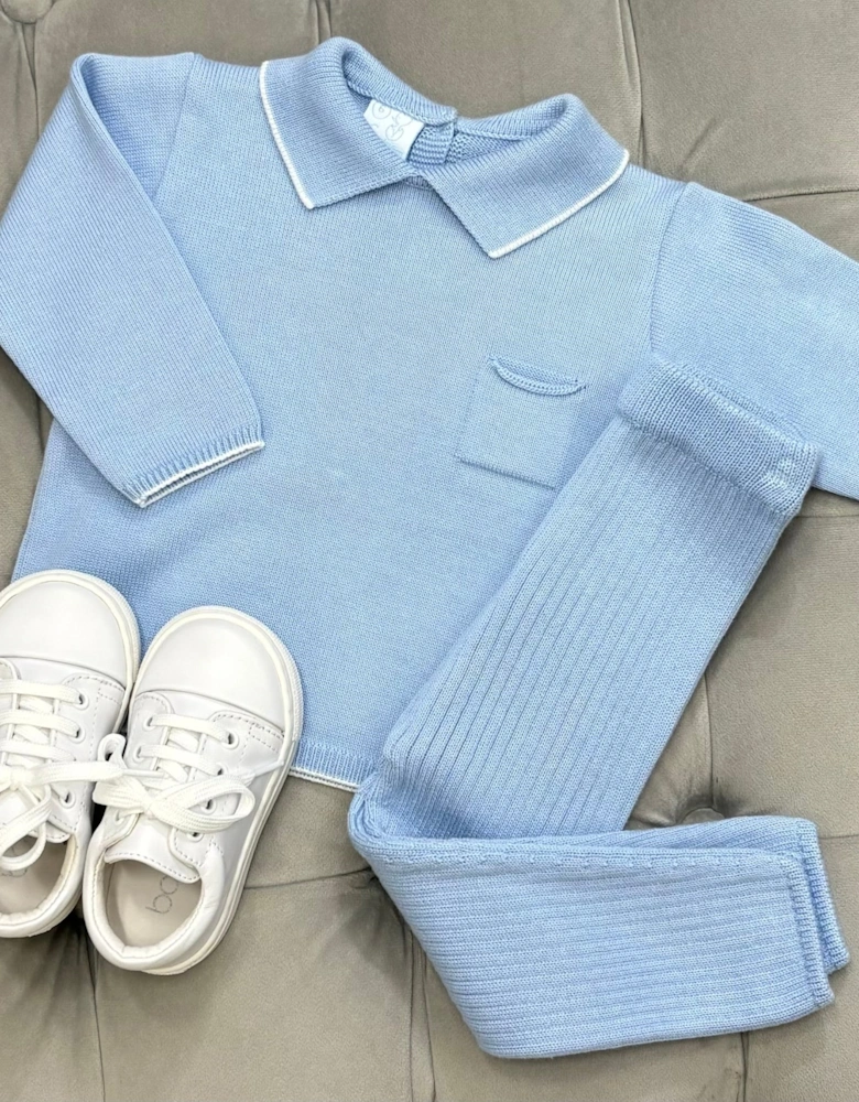 Boys Denim Blue Knit Ribbed Trouser Set