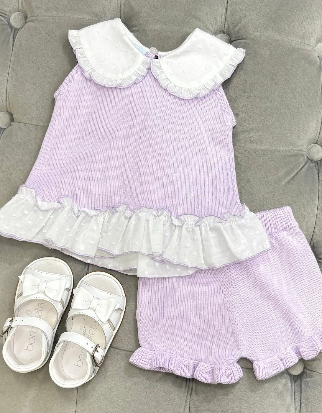 Girls Lilac Knit Collared Short Set, 3 of 2