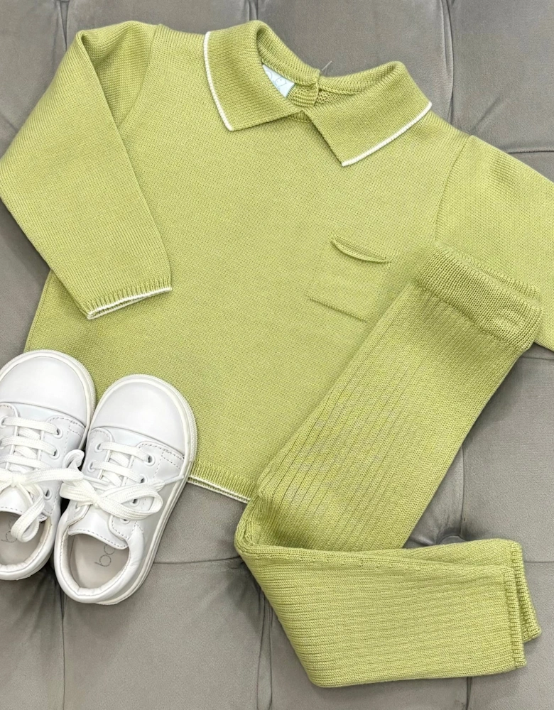 Boys Pistachio Green Knit Ribbed Trouser Set