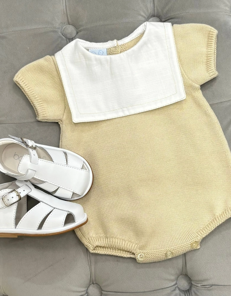 Boys Neutral Beige Knit Collared Romper