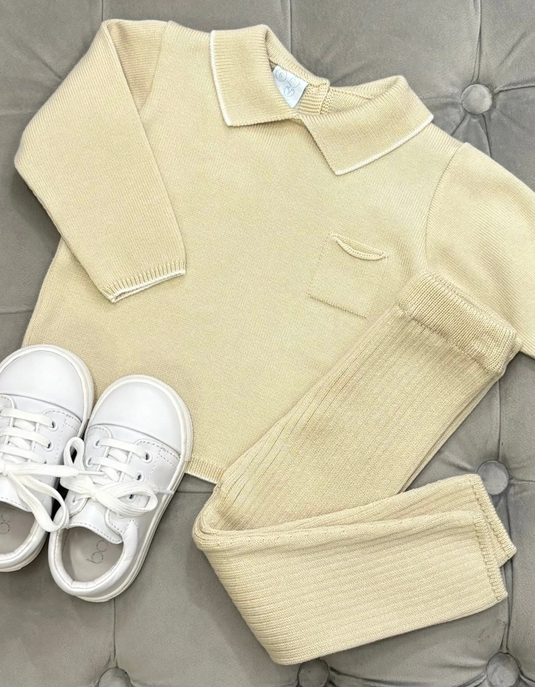 Boys Neutral Beige Knit Ribbed Trouser Set