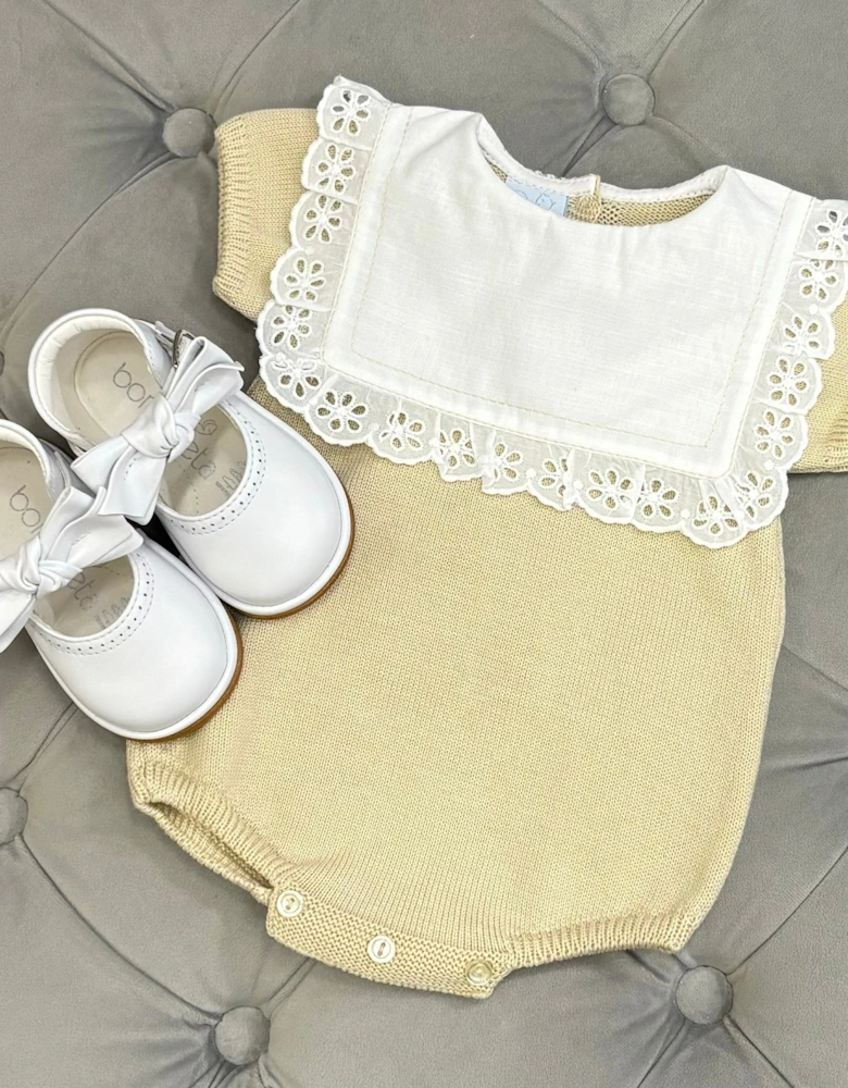 Girls Neutral Beige Knit Collared Romper