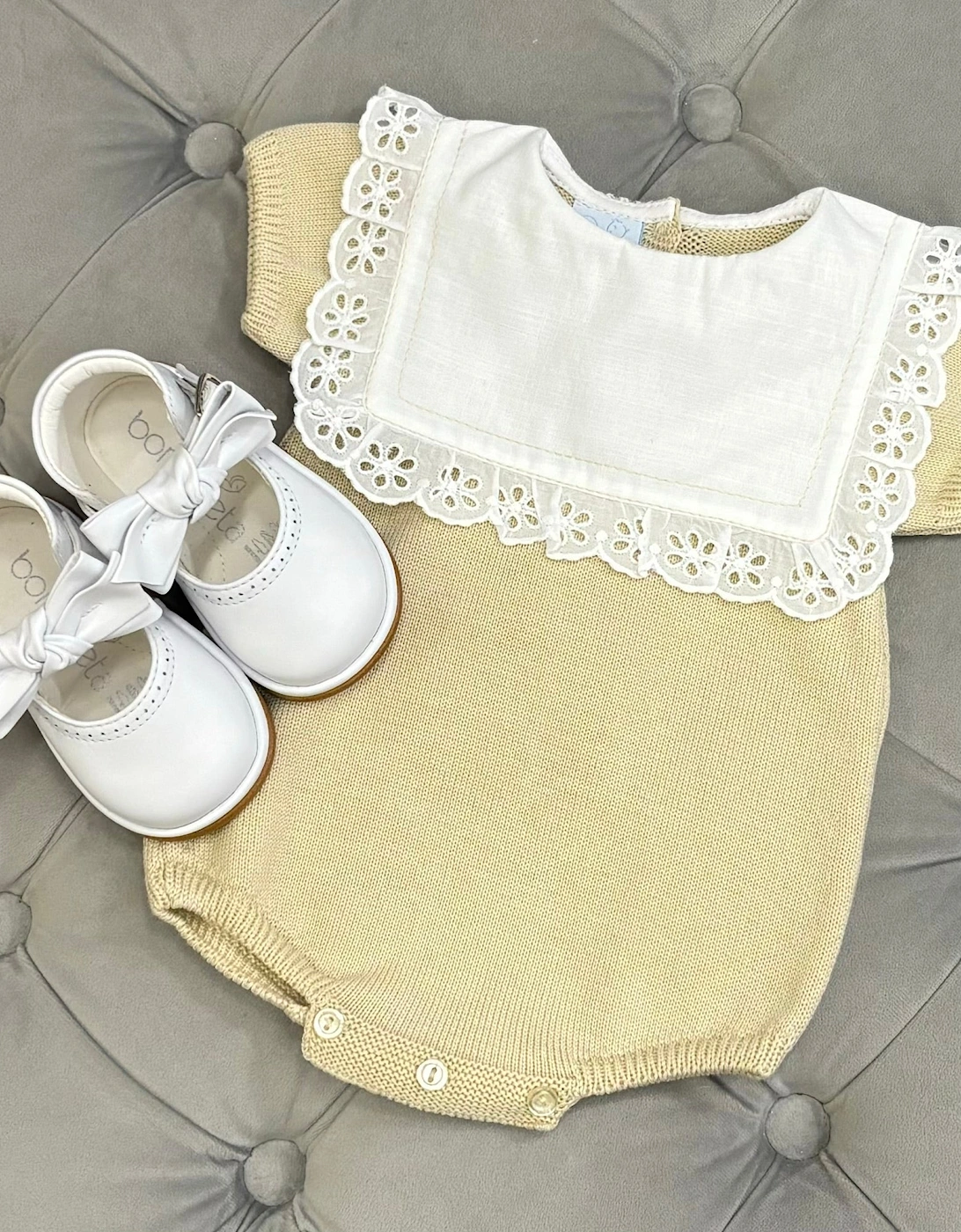 Girls Neutral Beige Knit Collared Romper, 2 of 1