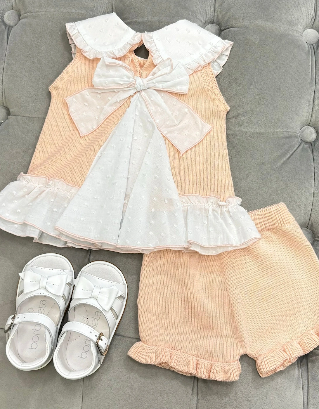 Girls Peach Knit Collared Short Set