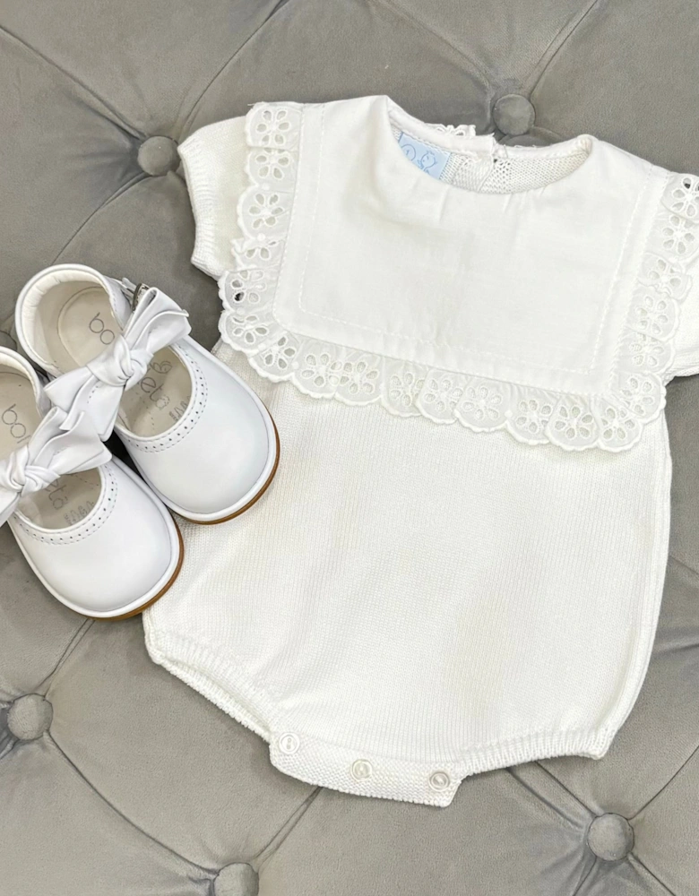 Girls White Knit Collared Romper