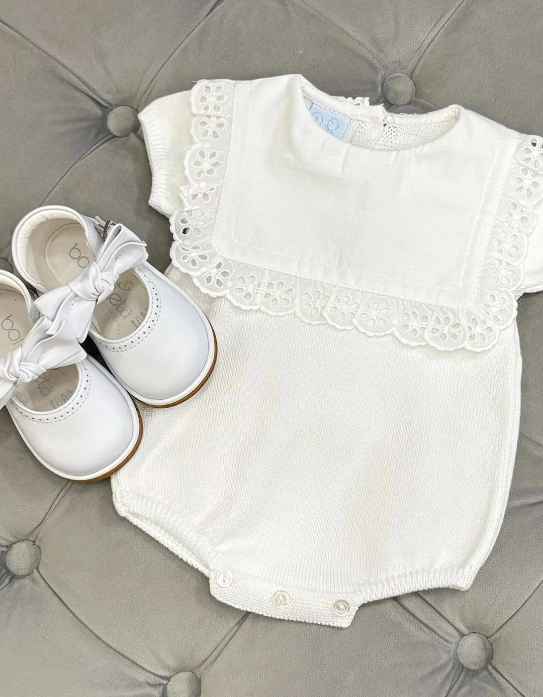 Girls White Knit Collared Romper, 2 of 1