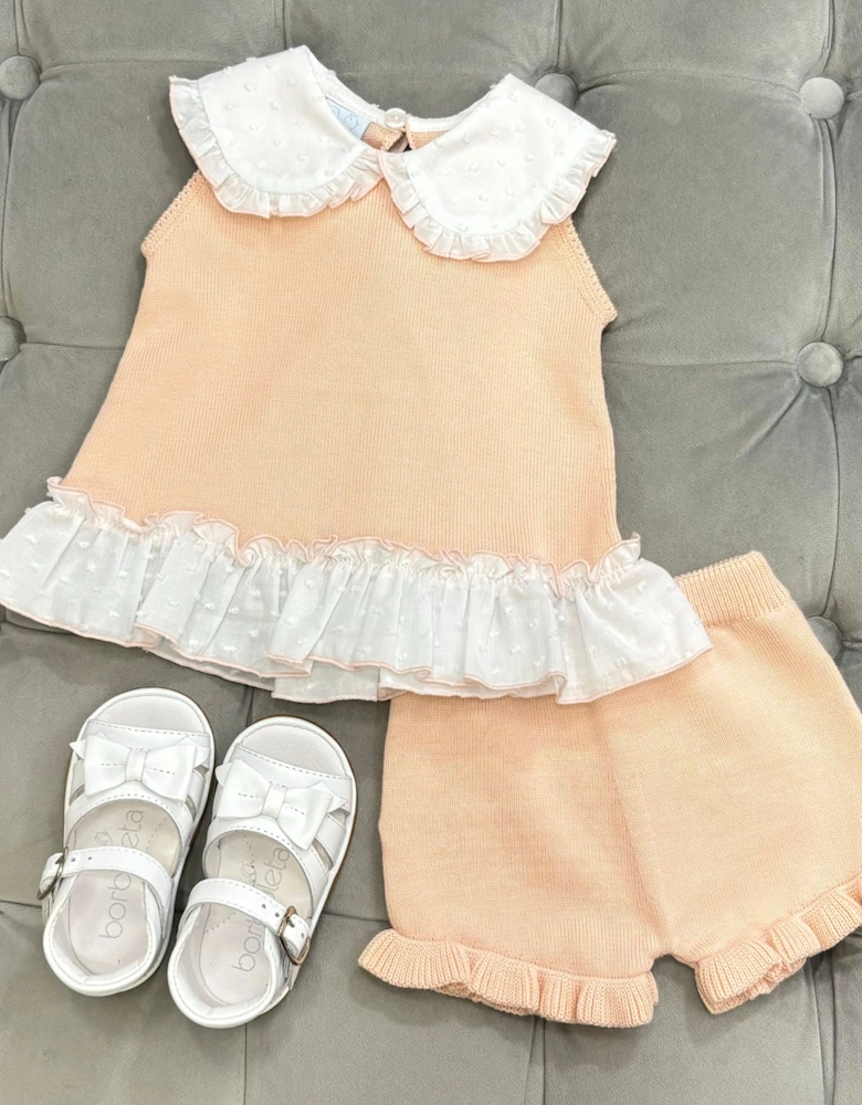 Girls Peach Knit Collared Short Set