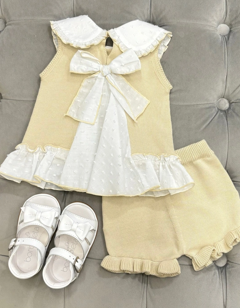 Girls Neutral Beige Knit Collared Short Set