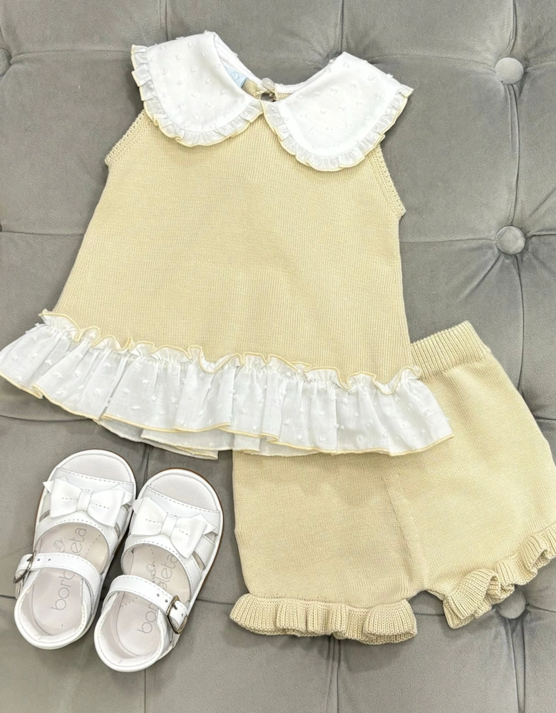 Girls Neutral Beige Knit Collared Short Set