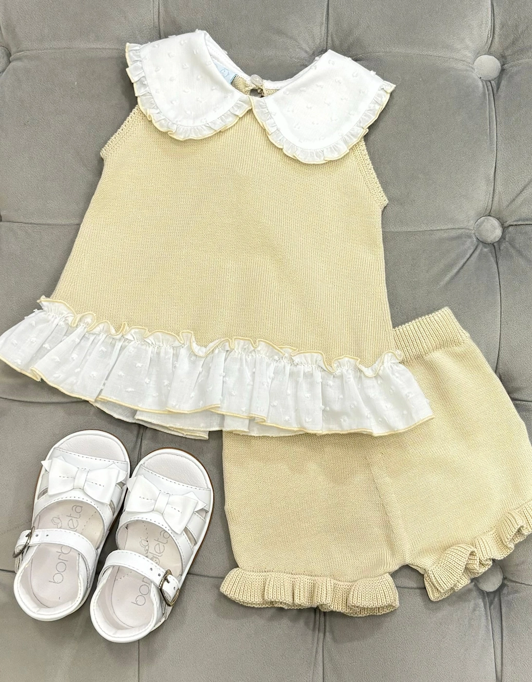 Girls Neutral Beige Knit Collared Short Set, 3 of 2