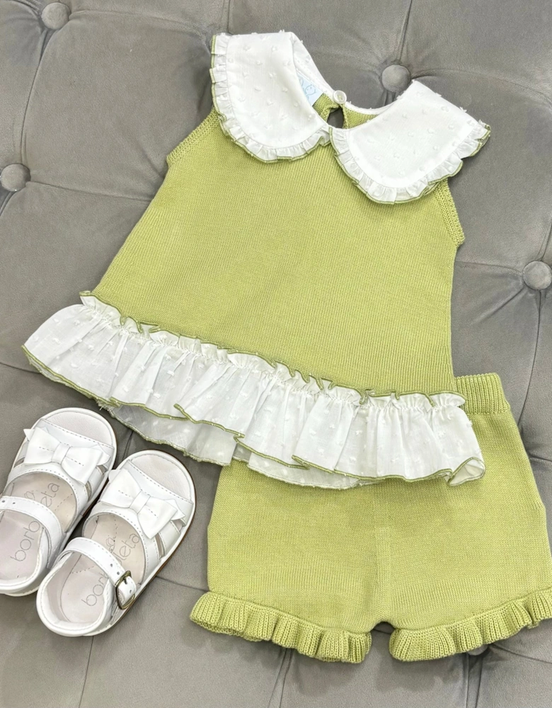 Girls Pistachio Green Knit Collared Short Set