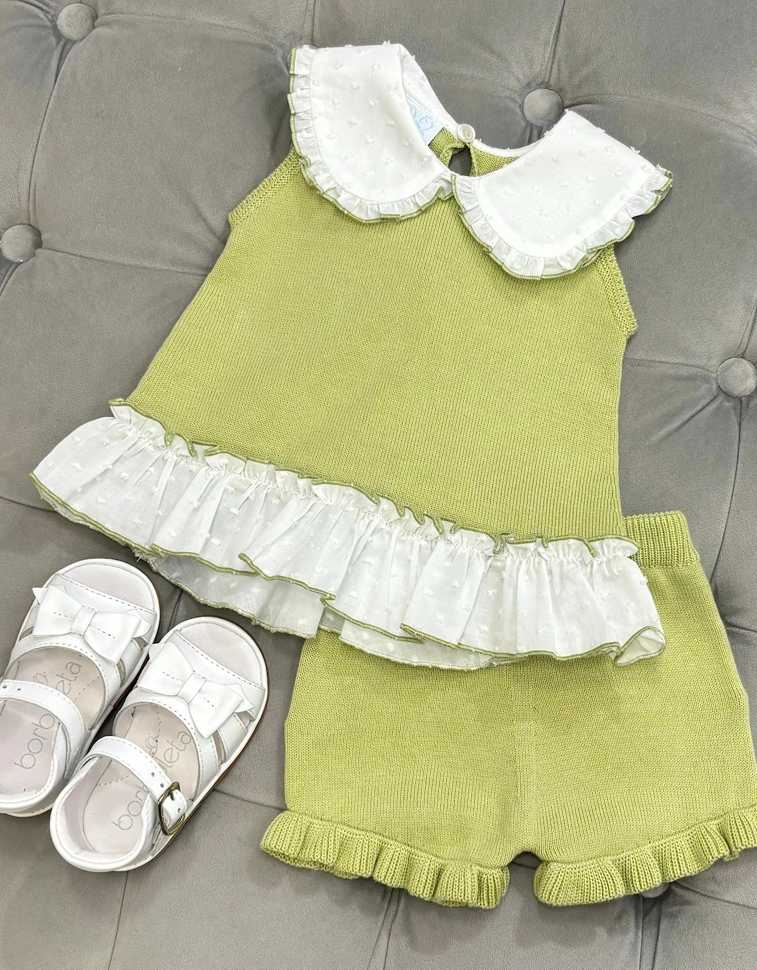 Girls Pistachio Green Knit Collared Short Set, 3 of 2