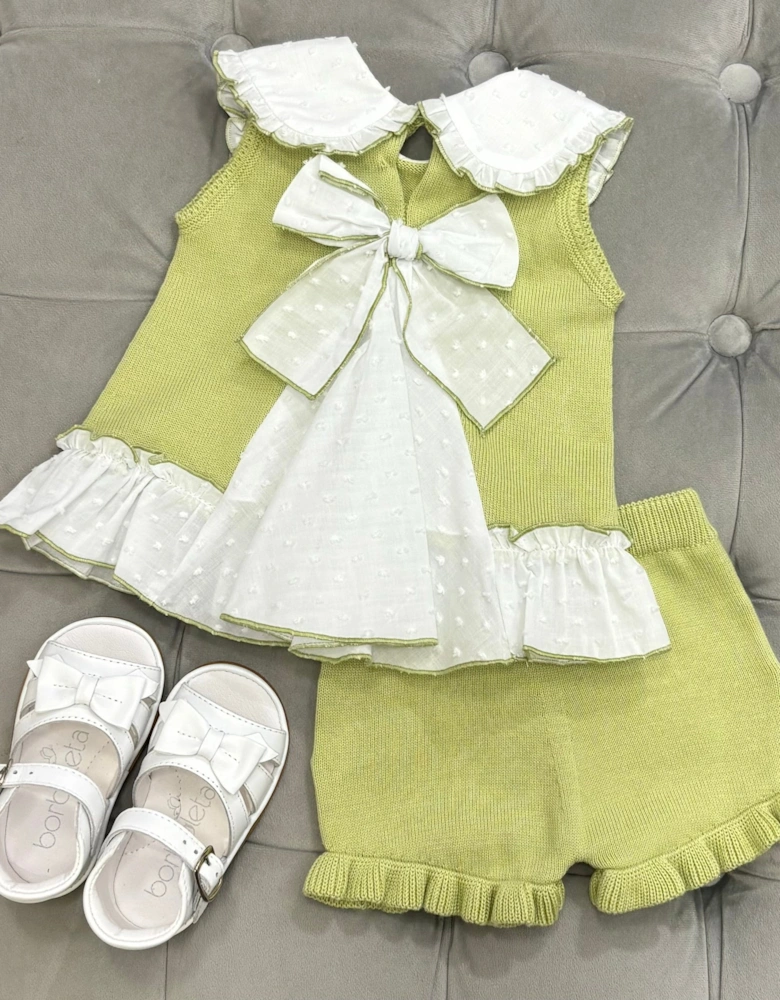 Girls Pistachio Green Knit Collared Short Set