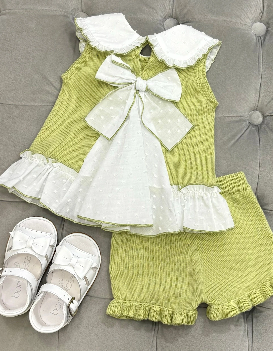 Girls Pistachio Green Knit Collared Short Set