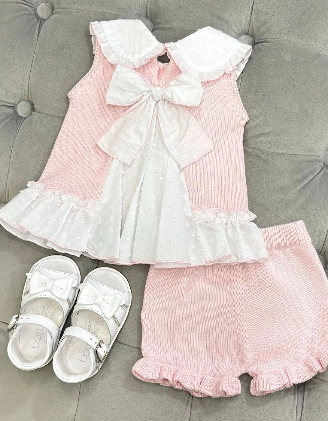 Girls Pink Knit Collared Short Set