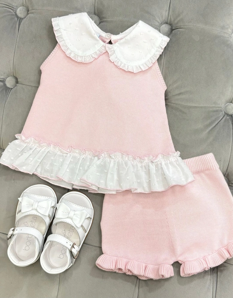 Girls Pink Knit Collared Short Set