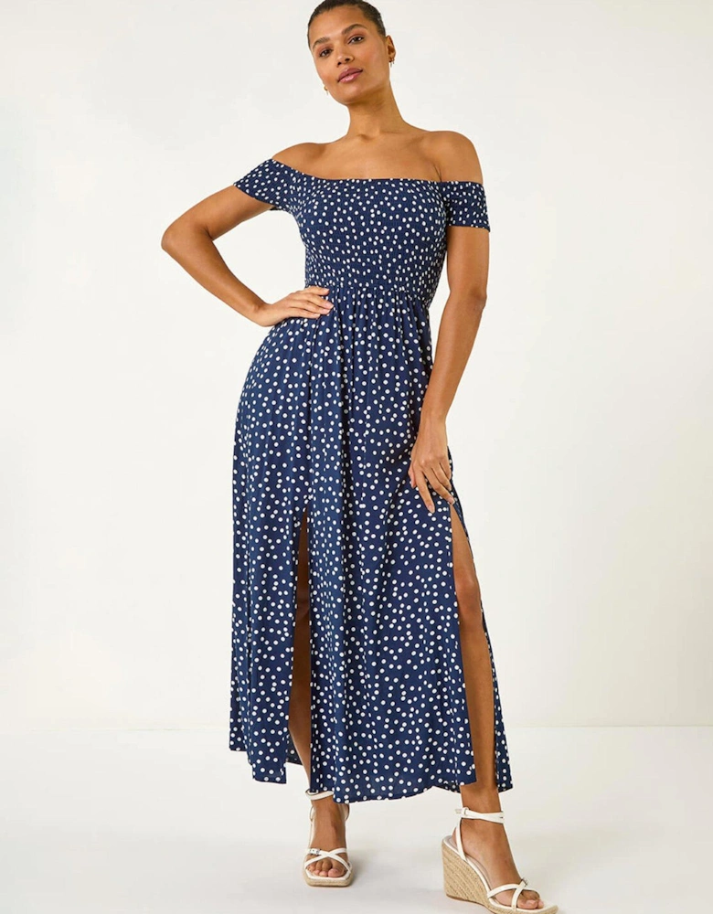 Spot Print Bardot Shirred Maxi Dress - Navy