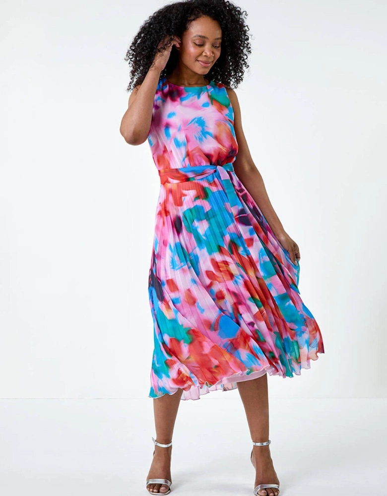 Petite Abstract Print Pleated Midi Dress - Pink