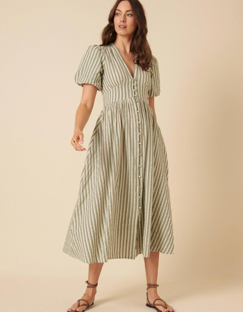 Seersucker Stripe Midaxi Dress - Green