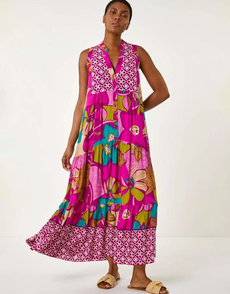 Boho Floral Print Smock Maxi Dress