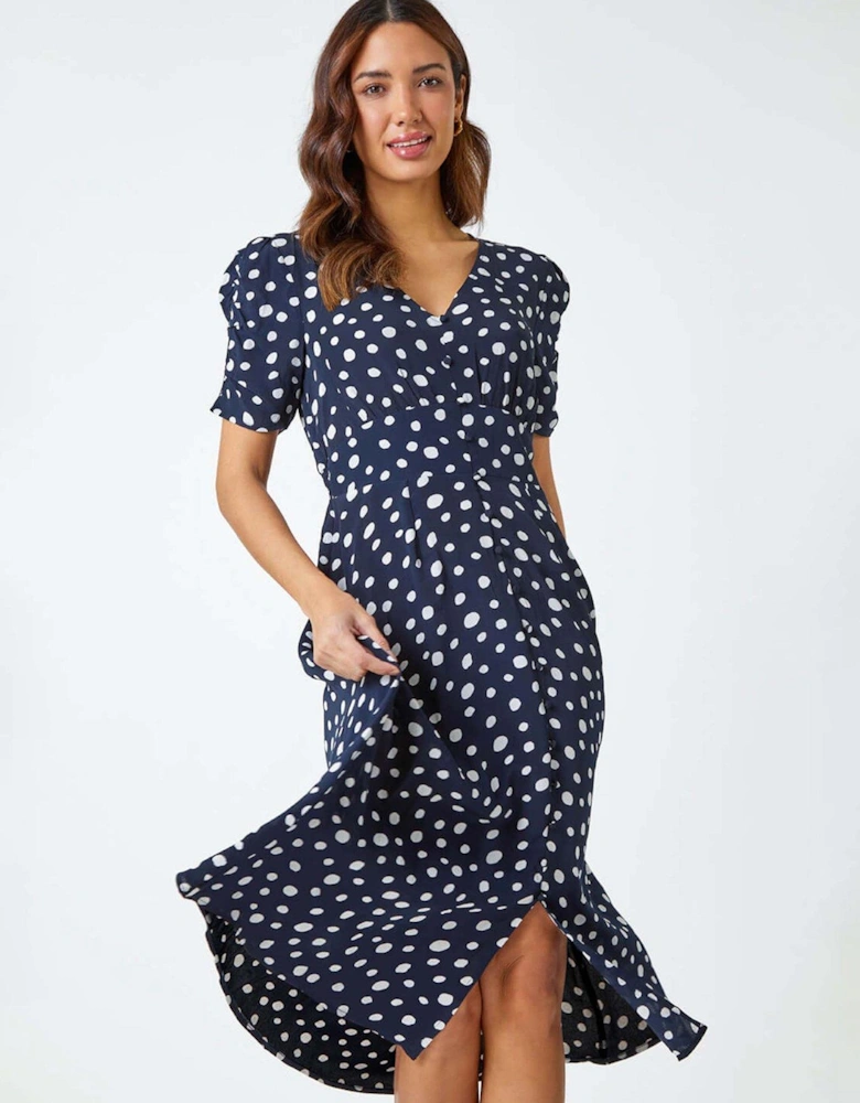 Polka Dot Ruched Sleeve Midi Dress