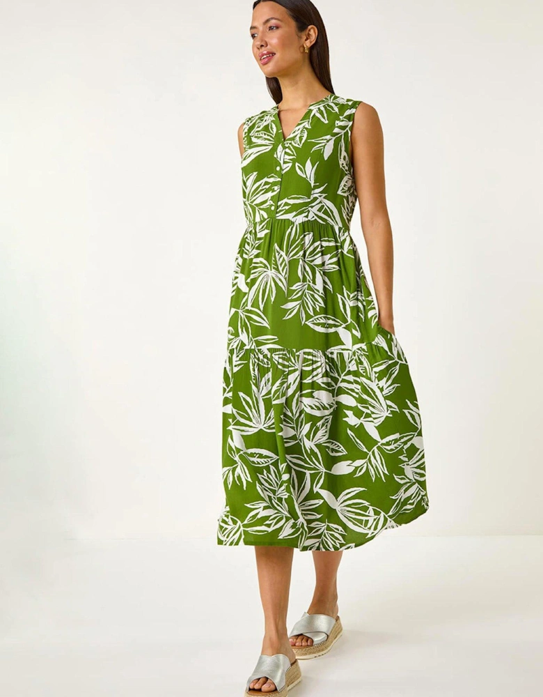 Leaf Print Tie Midi Dress - Green