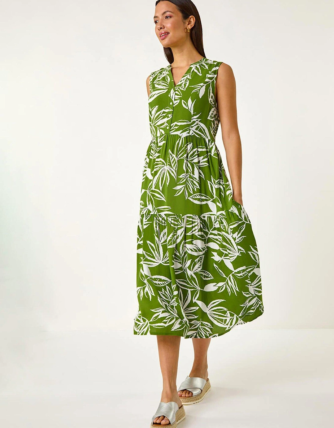 Leaf Print Tie Midi Dress - Green, 2 of 1