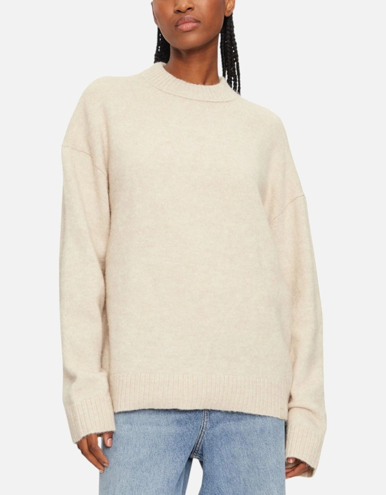 Round Neck Long Sleeve Knit Sweater Women - Beige Knitwear