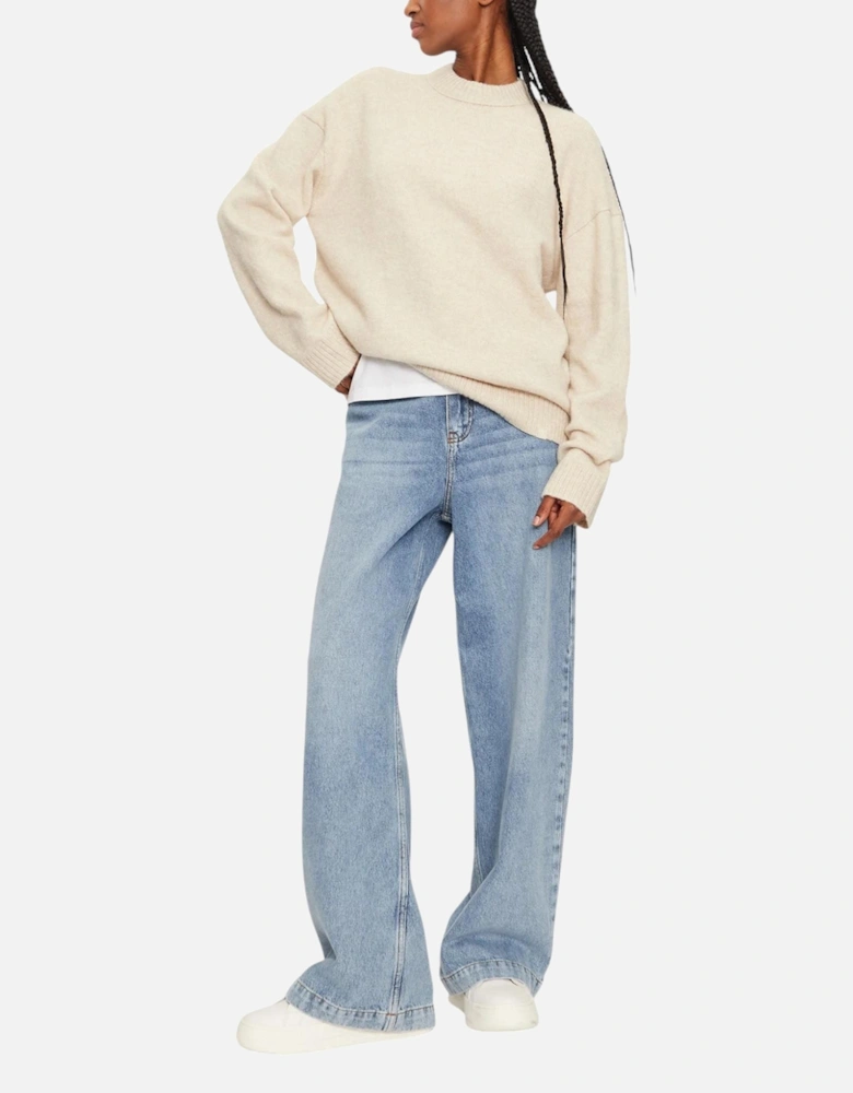 Round Neck Long Sleeve Knit Sweater Women - Beige Knitwear