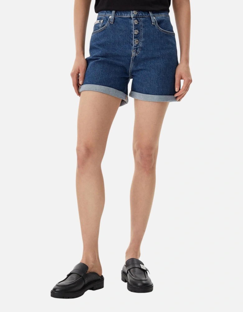 Plain Zip Button Cotton Shorts Women - Blue