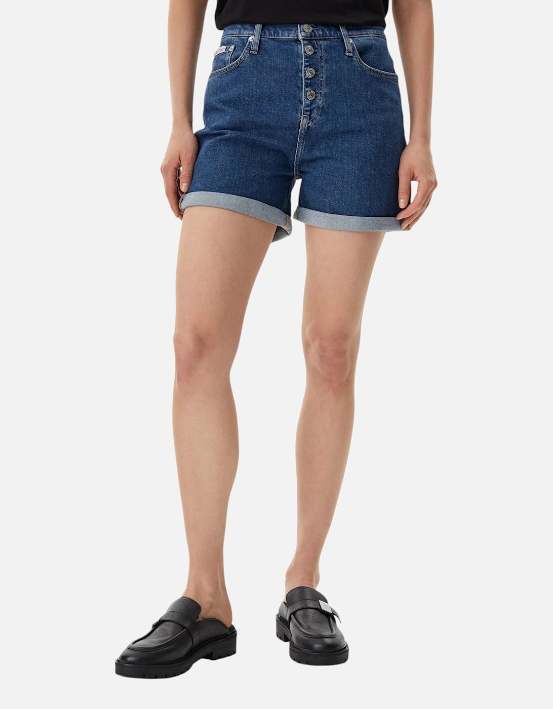 Plain Zip Button Cotton Shorts Women - Blue, 4 of 3