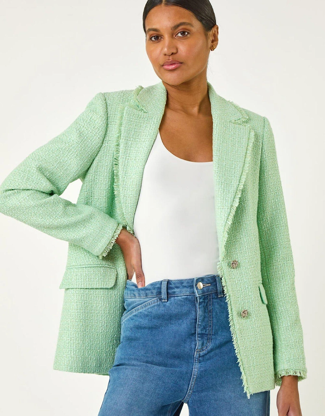 Textured Frayed Edge Boucle Button Jacket - Mint, 2 of 1