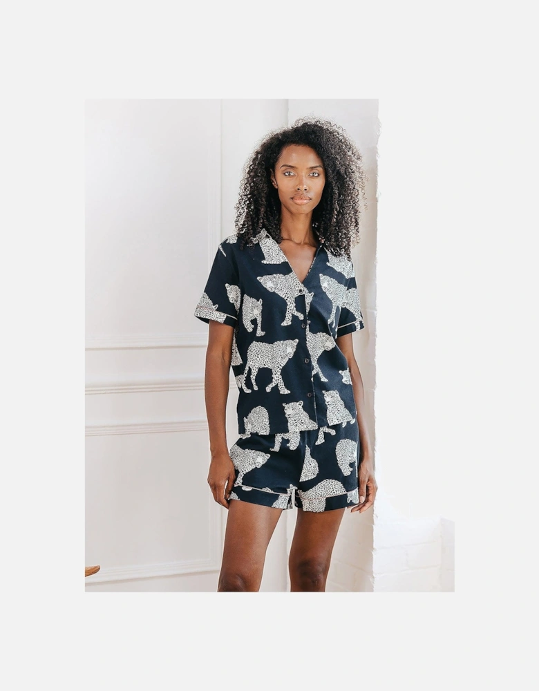 V Neck Button Up Cotton Short Set - Navy