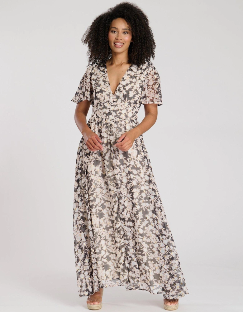 Printed Metallic Chiffon Button Detail Midi Dress