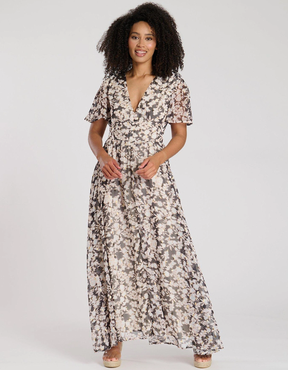 Printed Metallic Chiffon Button Detail Midi Dress, 2 of 1