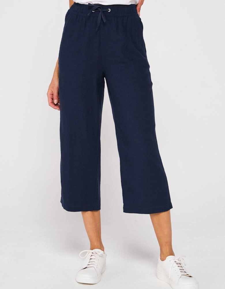 Cropped Linen Blend Trousers - Navy