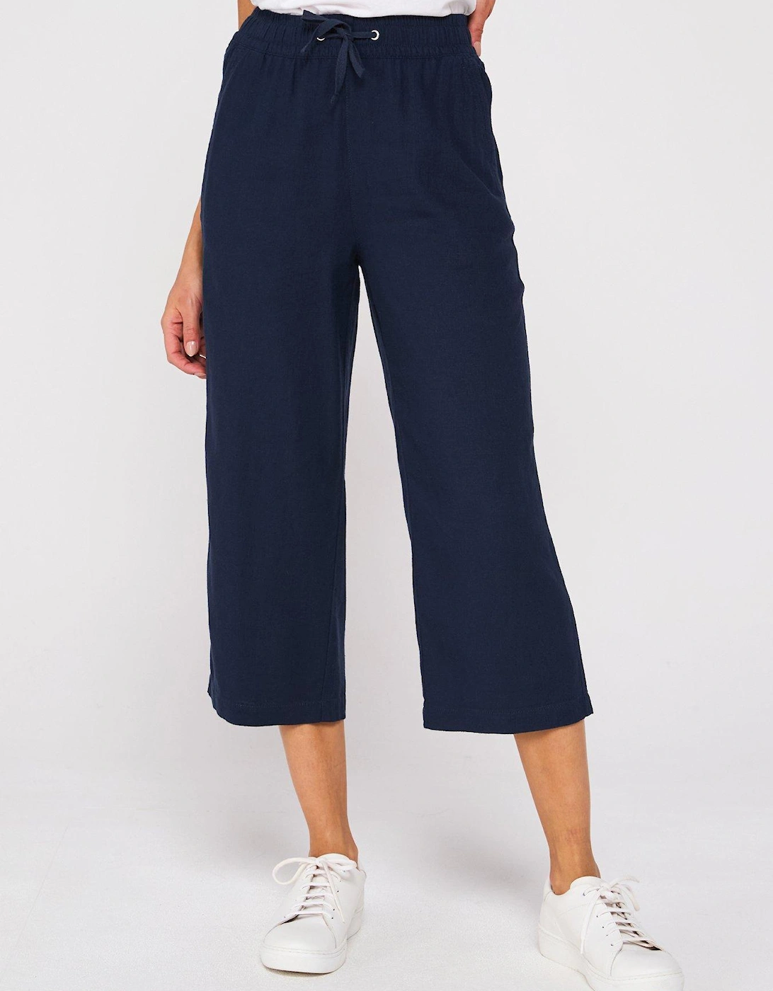 Cropped Linen Blend Trousers - Navy, 2 of 1