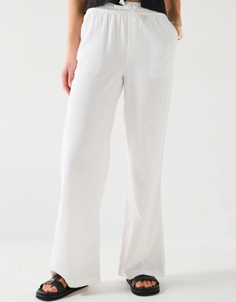 Wide Leg Linen Blend Trousers - White